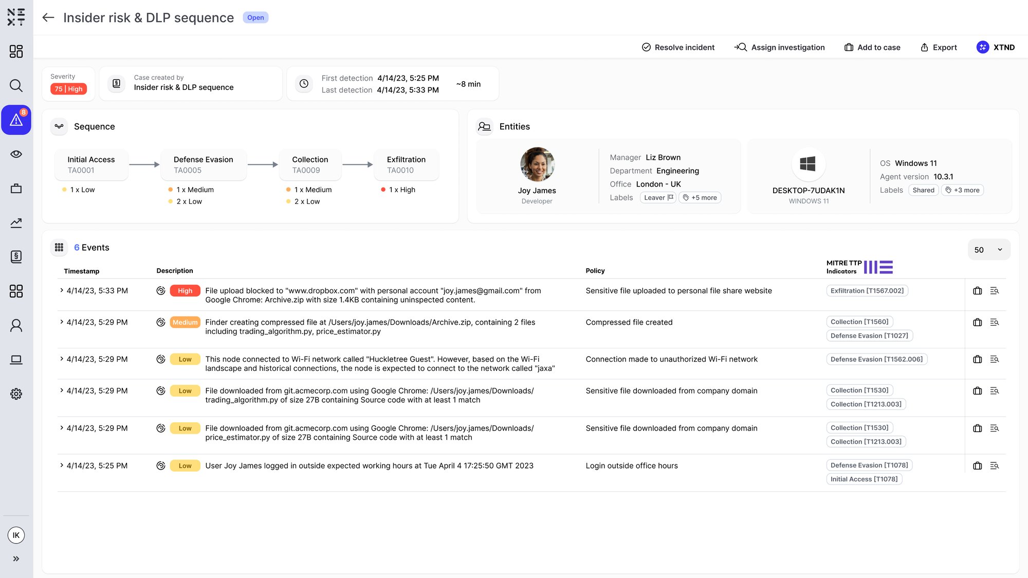 MITRE_indicators_in_incidents_Next DLP Reveal Platform